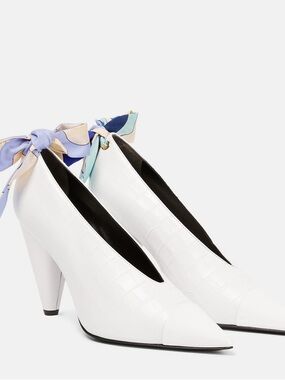 Emilio Puccini White Croc-Embossed Pointed Toe Heels with Bow